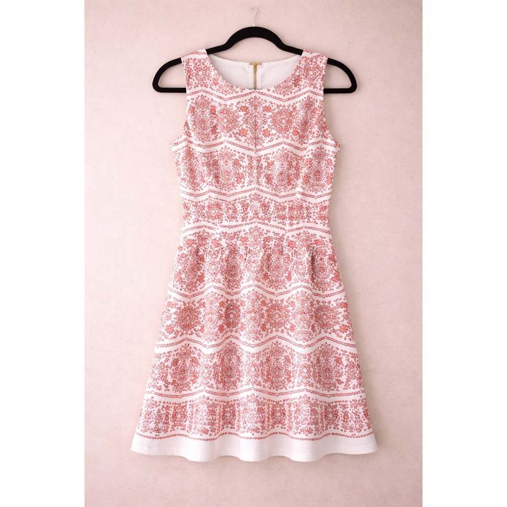 Danny & Nicole‎ 6P White Coral Floral Sleeveless Fit Flare Dress Petite Knee...